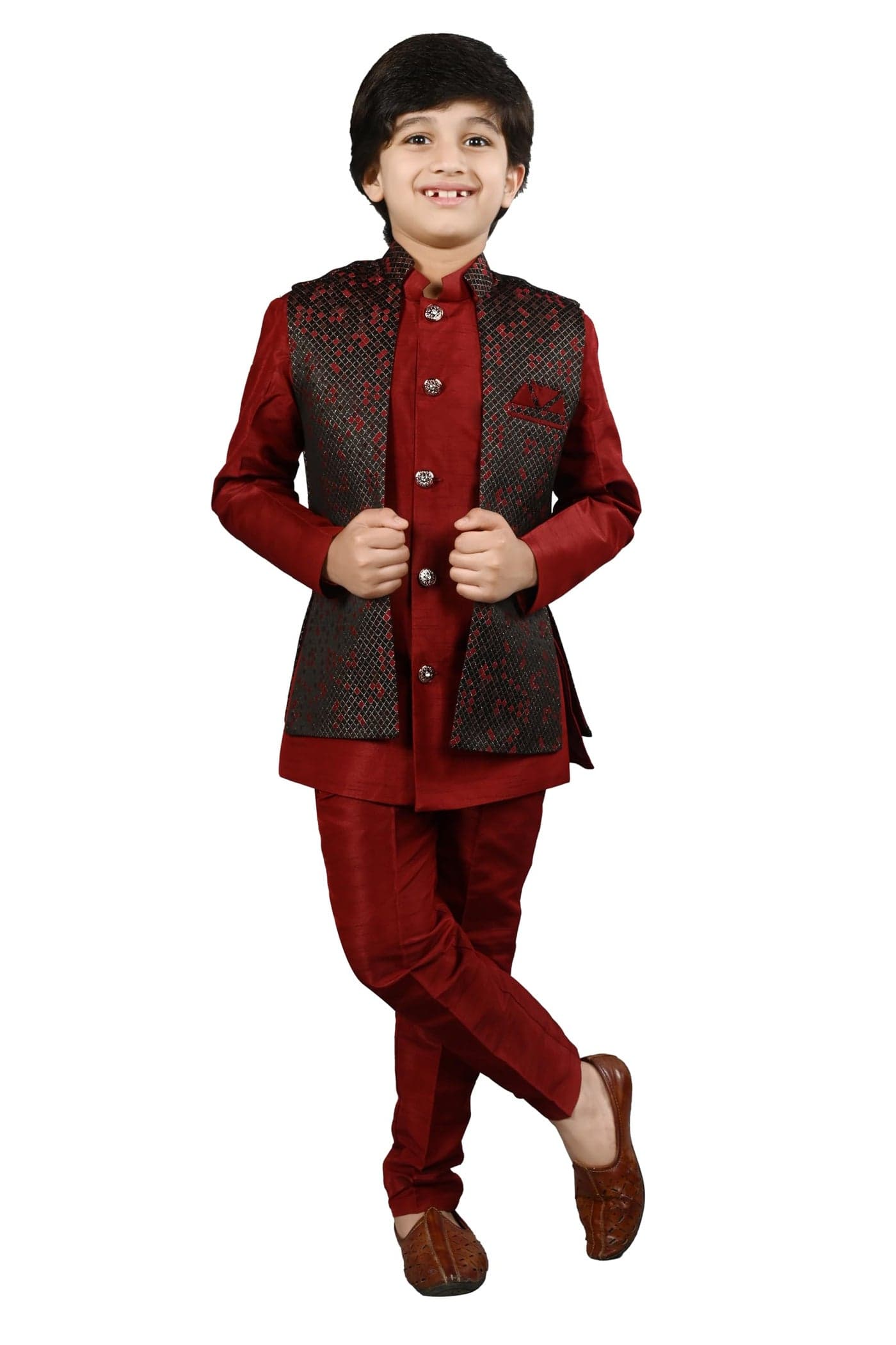 AHHAAAA Kids Ethnic Silk Blend Waistcoat Kurta Pyjama 3 Piece Sherwani Set For Boys |Maroon 3-4 Years, 540|