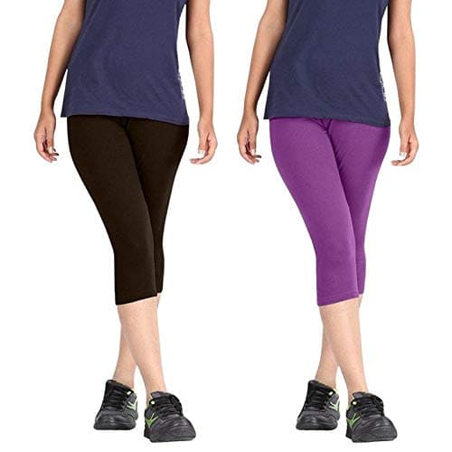 Premium Cotton Strachable Women's Casual/Gym/Sports 3/4th Capri,Combo Pack,Free Size Brown-Purple