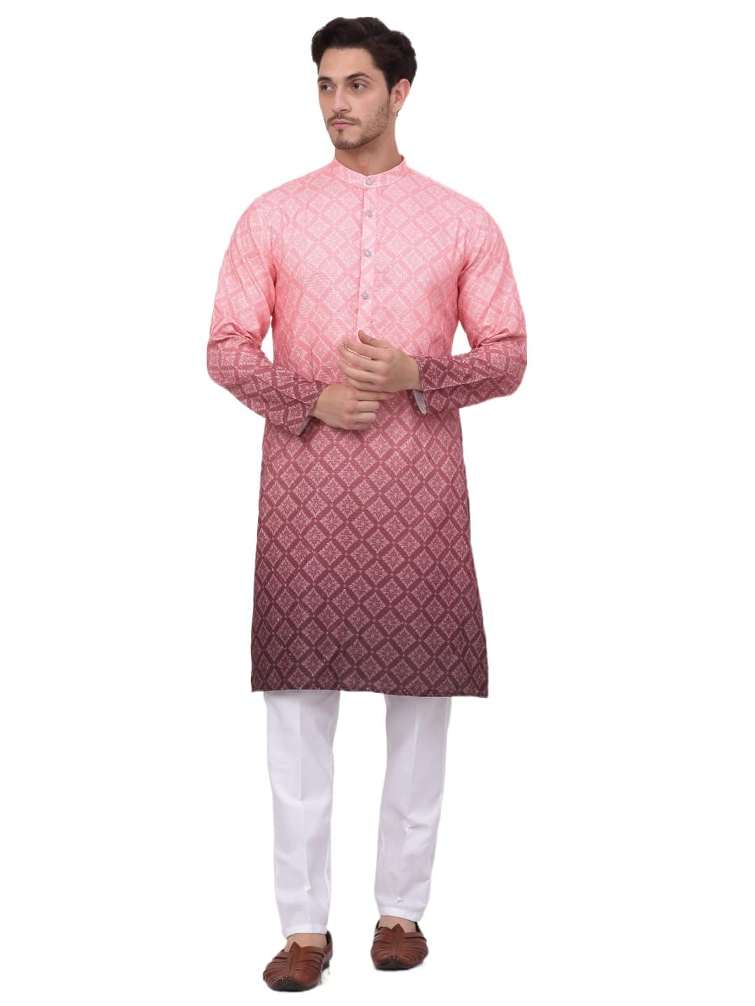 Jompers Men's Coral Ombre Printed Kurta Pyjama Set (Coral, L)