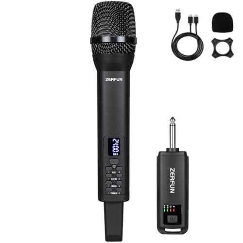 ZERFUN Rechargeable Wireless Microphone, Pro Handheld Cordless Mic System with Echo Treble BASS VOL Control for Karaoke Singing Church Party, 1/4'' Output, Black