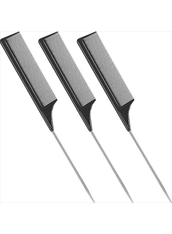 3 Pcs Rat Tail Comb Steel Pin Rat Tail Carbon Fiber Heat Resistant Teasing Combs with Stainless Steel Pintail Parting Rattail Combs Back Combing Root Teasing Adding Volume