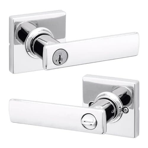 Kwikset Breton Entry Door Handle with Lock and Key Secure Keyed Reversible Lever Exterior Doorlock For Front Entrance and Bedrooms Polished Chrome Pick Resistant Smartkey Rekey Security
