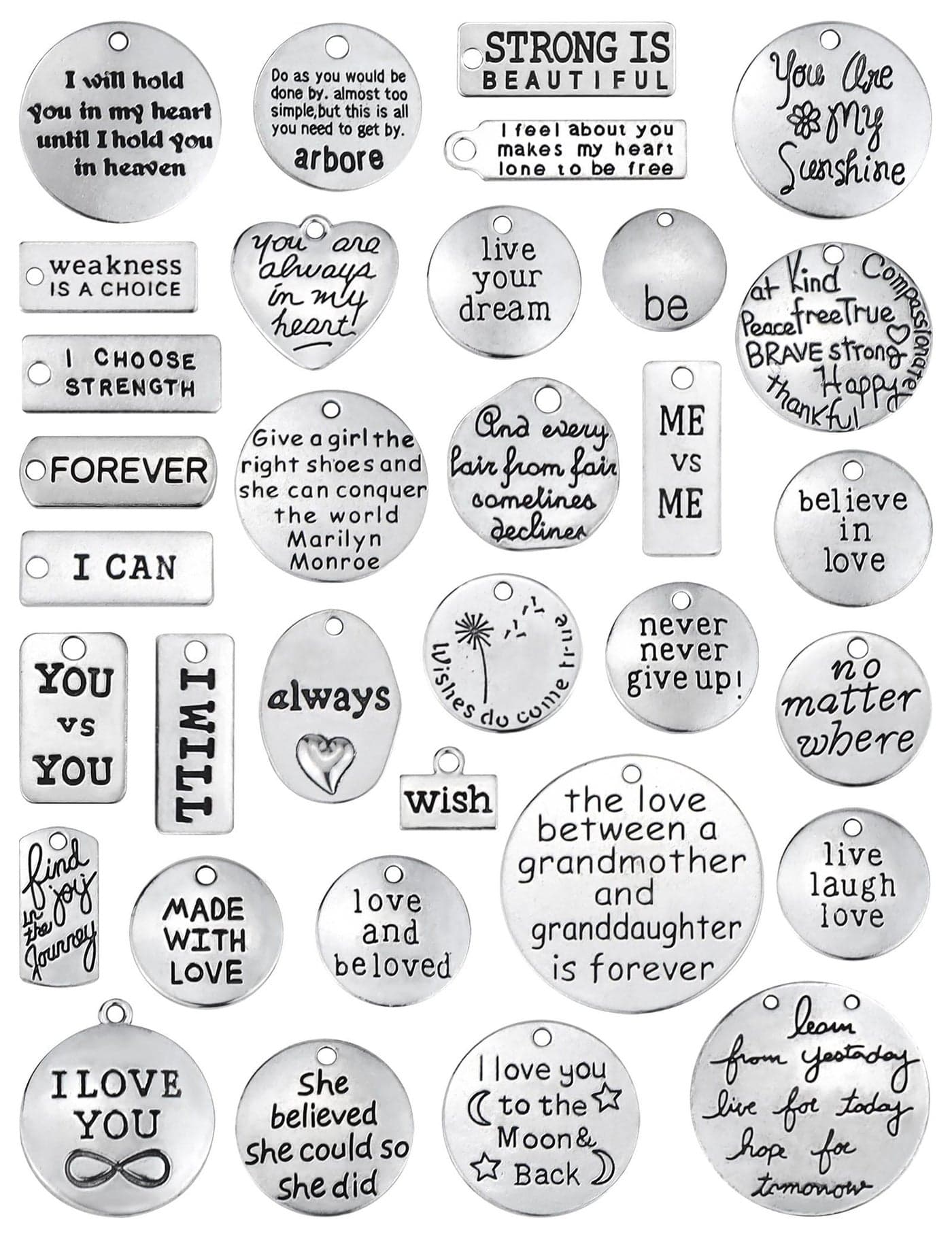 JIALEEY Motivational Charms, Wholesale Bulk Lots Inspirational Message Charm Pendants for Crafting, Jewelry Findings Making Accessory For DIY Necklace Bracelet, 30PCS