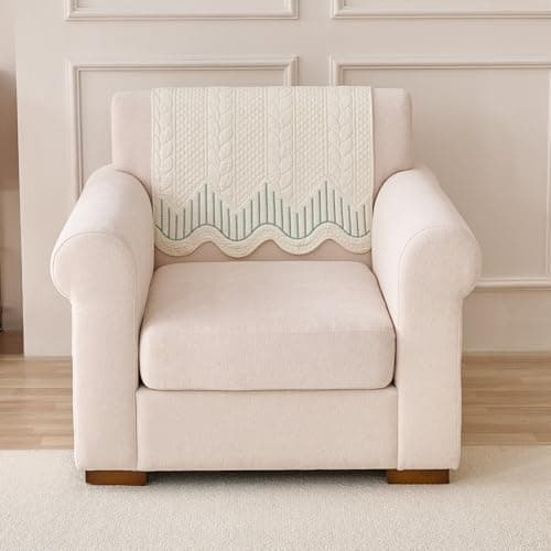HOKIPO 'Cotton Reverie' 100% Cotton Anti-Slip Sofa Cover Mat for 1 Seater Sofa | Stylish Curved Wavy Design, Greenish Cream (AR-6176-GRN)