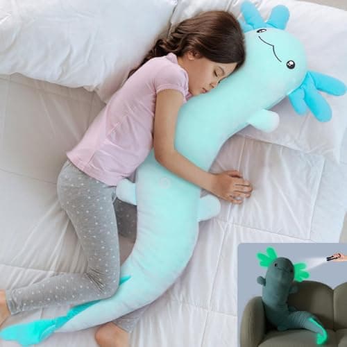 MaoGoLan Large Axolotl Plush Body PillowBig Salamander Plush Pillow ToyXL Axolotl Stuffed Animal for Kids Salamander Plushies Glow in The Dark Christmas Valentine Birthday Gifts Blue
