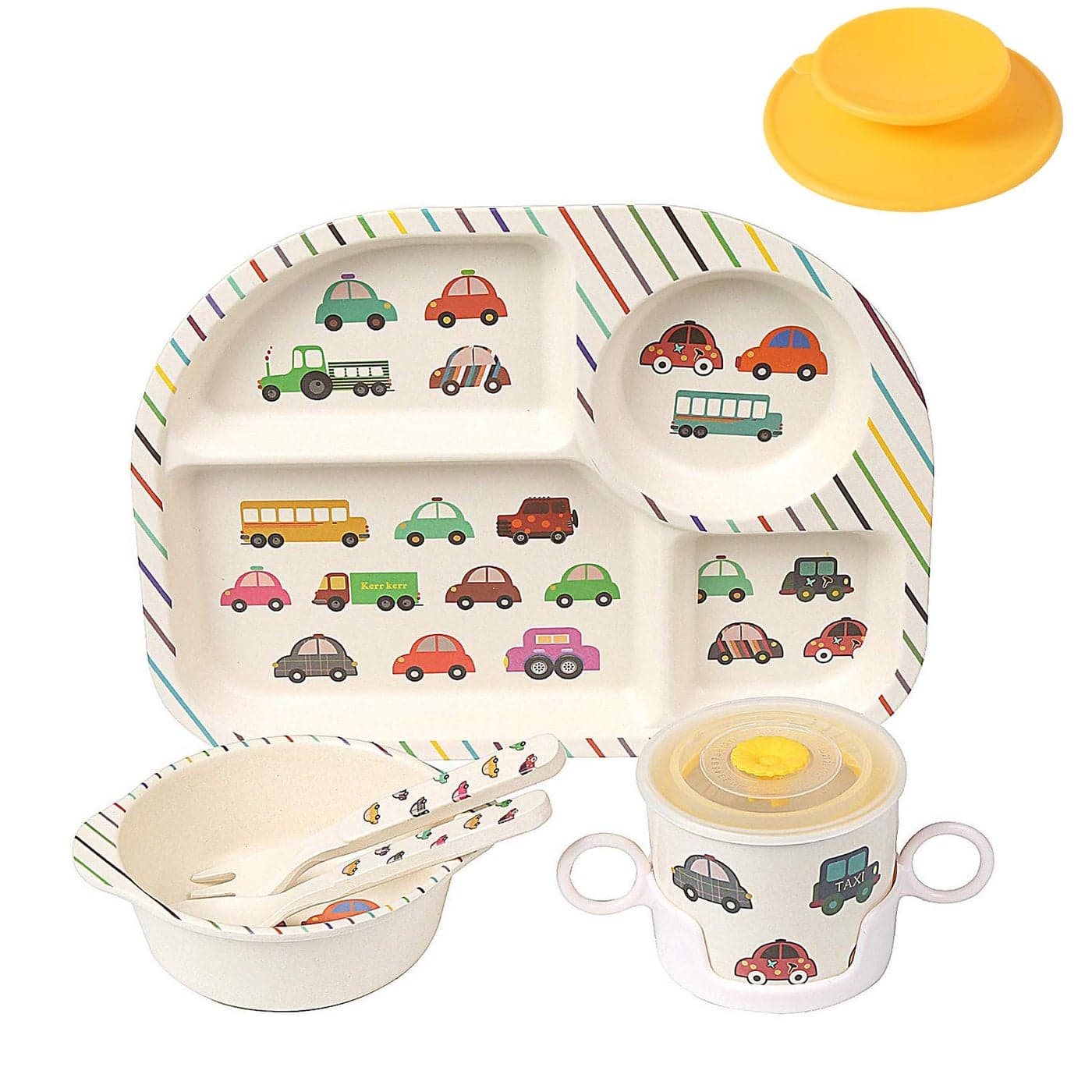 shopwithgreen 7PcsSet Bamboo Kids Dinnerware Set Children Dishes Food Plate Bowl Cup Spoon Fork Set Dishware Cartoon Tableware Dishwasher Safe Kids Healthy Mealtime BPA Free
