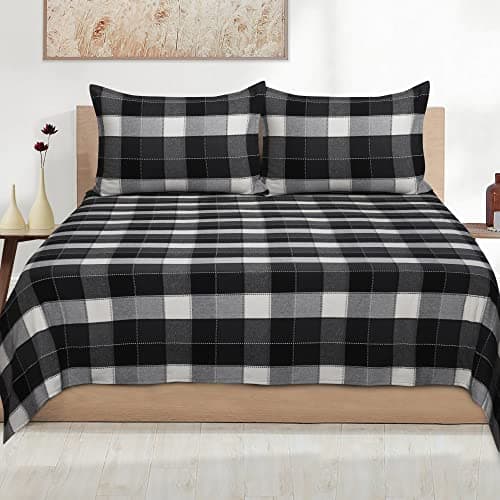 AIRWILL, 200GSM Handloom Cotton Double Bedsheet with 2 Pillow Covers (Dobby Black)