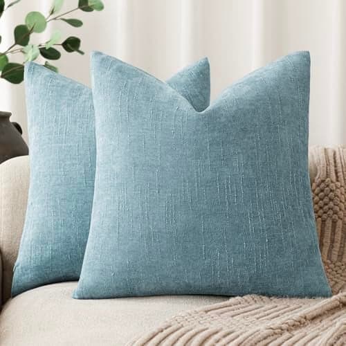 Foindtower Pack of 2 Textured Chenille Throw Decorative Pillow Covers Square Accent Solid Cushion Cover Neutral Farmhouse Pillow Case for Couch Sofa Bedroom Living Room 18x18 Inch,Light Blue