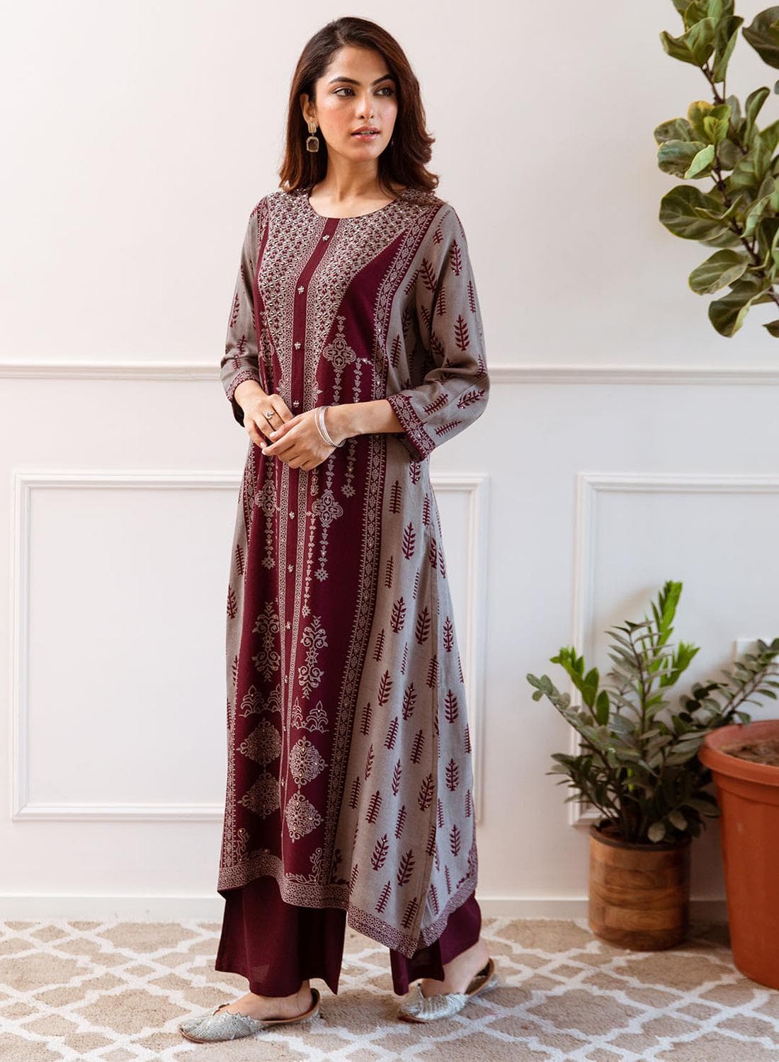 Floral Printed Round Neck A-Line Kurta With Palazzos