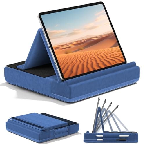 KDD Tablet Pillow Stand, Multi-Angle Viewing Ipad Holder for Lap, Bed and Desk, Foldable Soft Pad Dock with Stylus Mount Compatible with Ipad Pro 12.9, 10.5, 11, Air, Mini, Phones, Books, E-Reader