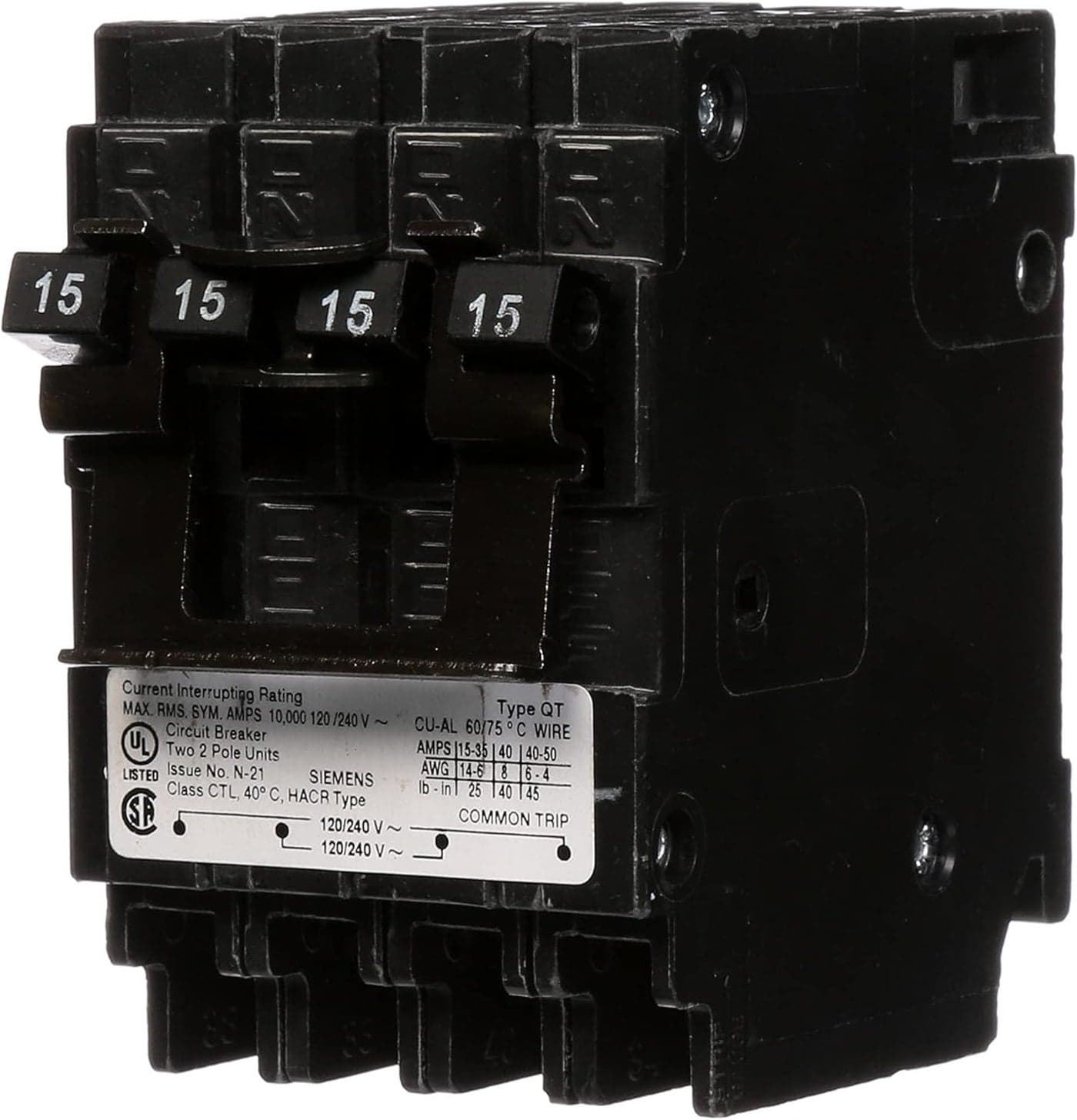 Siemens Q21515CT2 Two 15Amp Double Pole Circuit Breaker