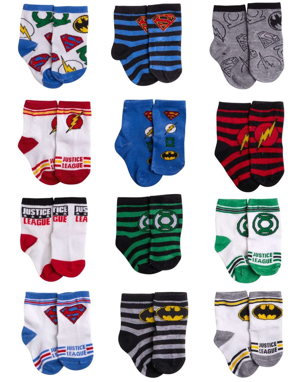 DC Comics Baby BoysGirls 12 Pack Socks Batman Wonder Woman Superman Justice League Super Girl Size Age 06M GreenBlueRed Justice League