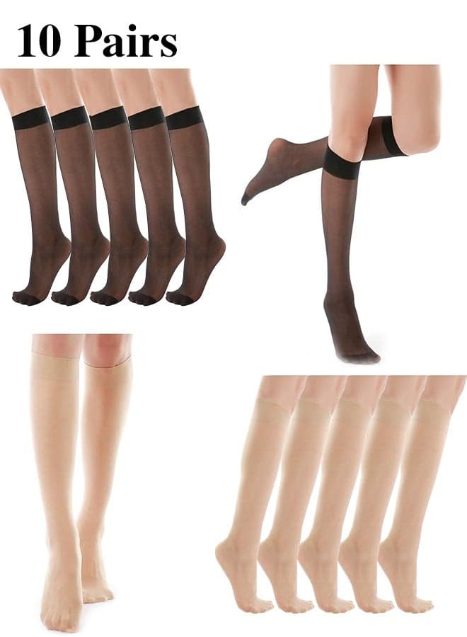 Stockings for Women, Sheer Knee High Reinforced Toe Knee Highs Pantyhose Socks Opaque Nude Tights Elastic Soft Women's Sheers for Women Girls, Black and Nude 10 Pairs
