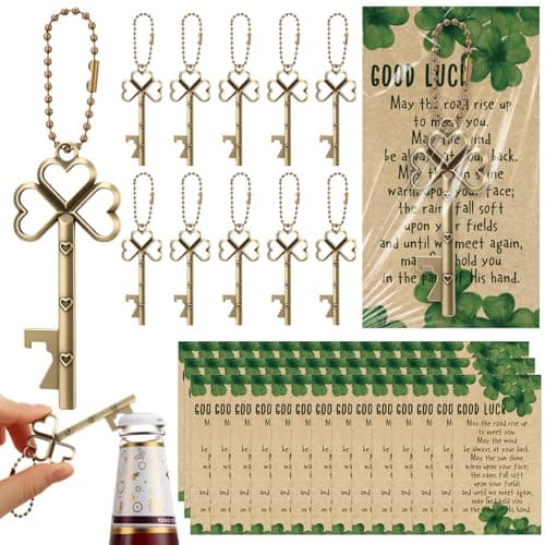 Vesici 30 Set St Patricks Day Bulk Shamrock Skeleton Key Beer Bottle Opener with Good Luck Clover Cards Vintage Irish Party Favors Appreciation Gift for Employee Coworker Family