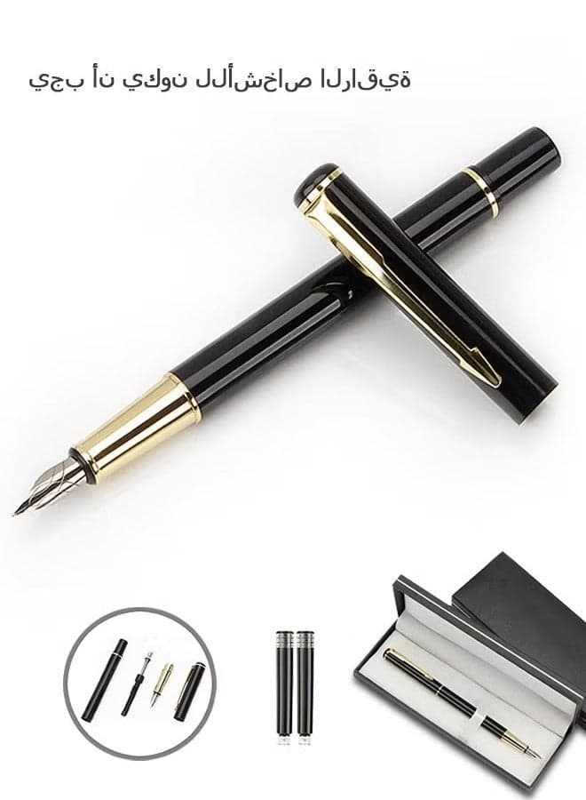 Fountain Pen Set with Gift Box, Refillable High End Business Signature Pen, 0.5MM Classic Metal Pen for Men and Women Writing (Black)