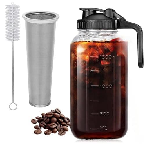 ZROY Cold Blew Glass Kettle 1.8 Litre Coffee Maker Leaking Proof Lid Design with Handle & Nozzle Cool Water Bottle Iced Coffee Pitcher with Stainless Steel Cone Filter & Cleaning Brush (Masron - 1.8L)
