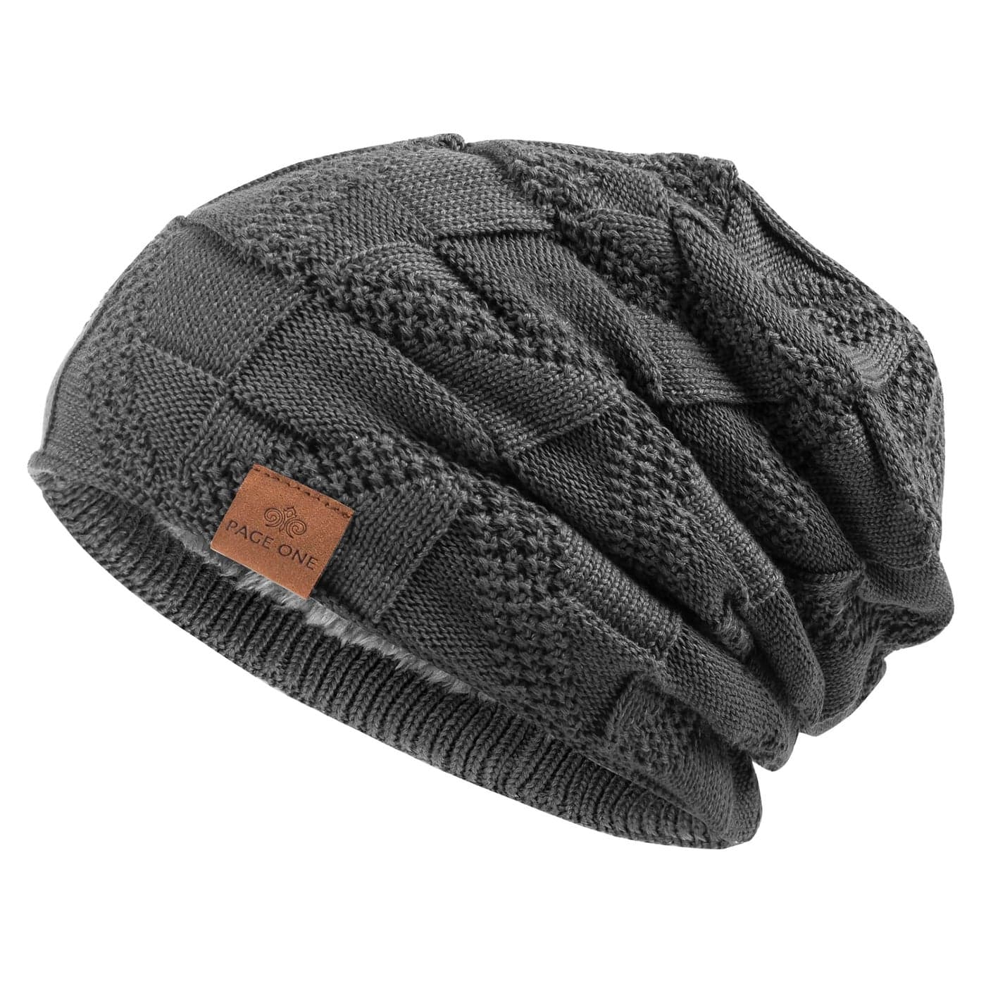 PAGE ONE Mens Winter Slouchy Beanie Warm Fleece Lined Skull Cap Baggy Cable Knit Hat
