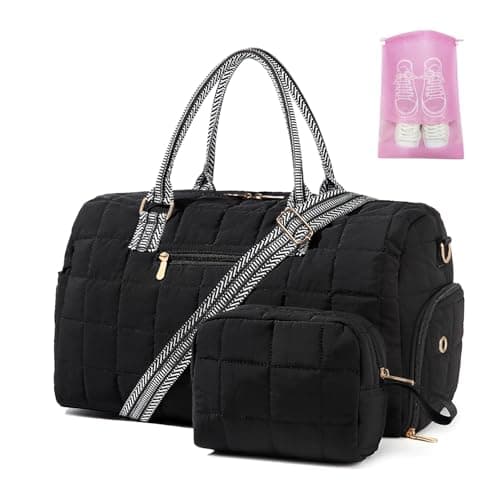 Duffle Bag for Travel Weekender Bag with Shoe Compartment Carry On Overnight Bag for Women with Toiletry Bag Gym Bag with Wet Pocket Hospital Bags for Labor and Delivery Puffy Black