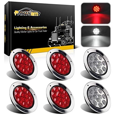 Partsam 4 Red + 2 White 4" Round Led Stop Turn Tail Back-up Reverse Fog Lights Include Lights Flange Mount 12 LED for Truck Trailer RV