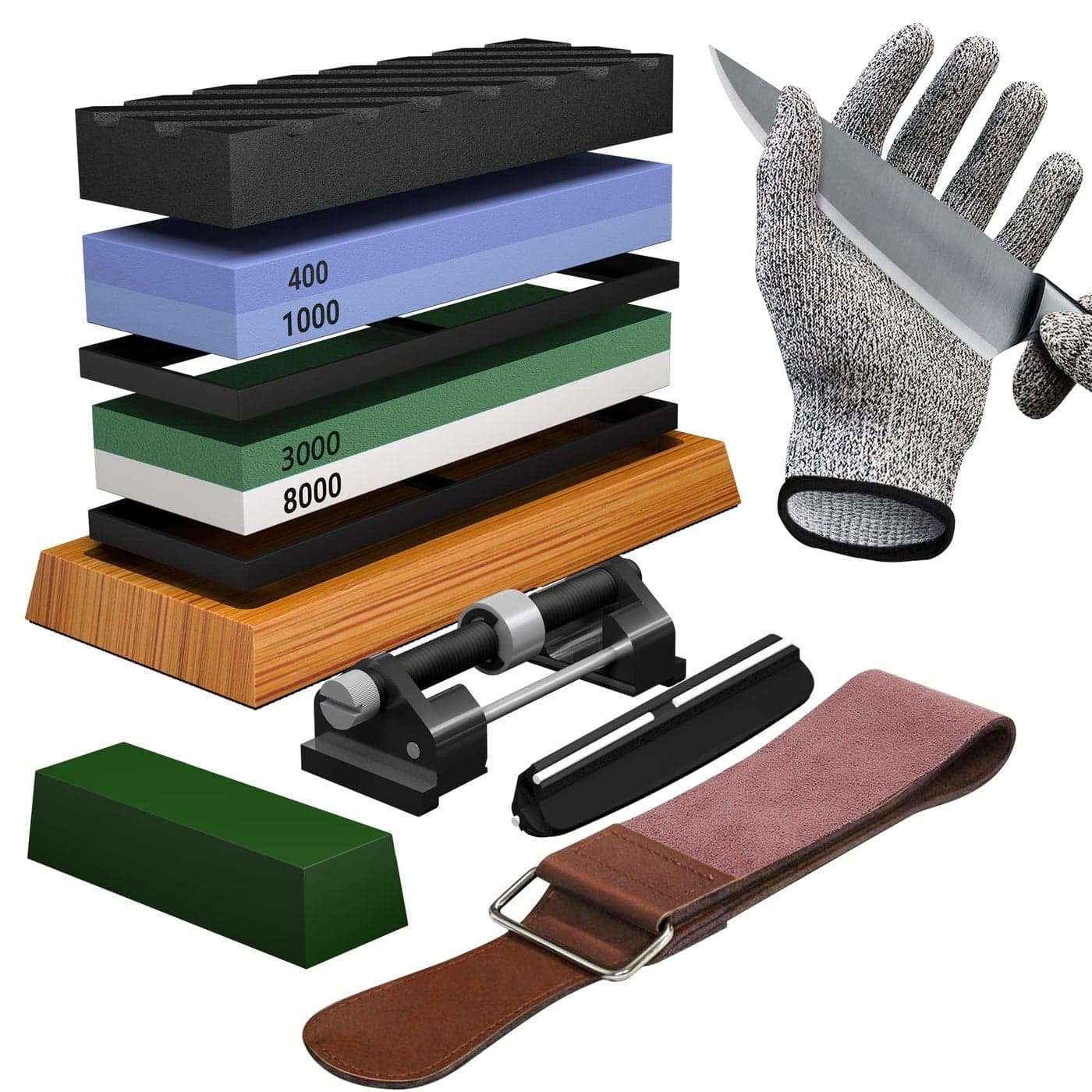 YeopAsda Knife Sharpening Stone Set Premium 4 Side Grit 4001000 30008000 Whetstone Sharpener Kit NonSlip Bamboo BaseCut Resistant Gloves Angle GuideFlatting StoneHoning GuideLeather Strop