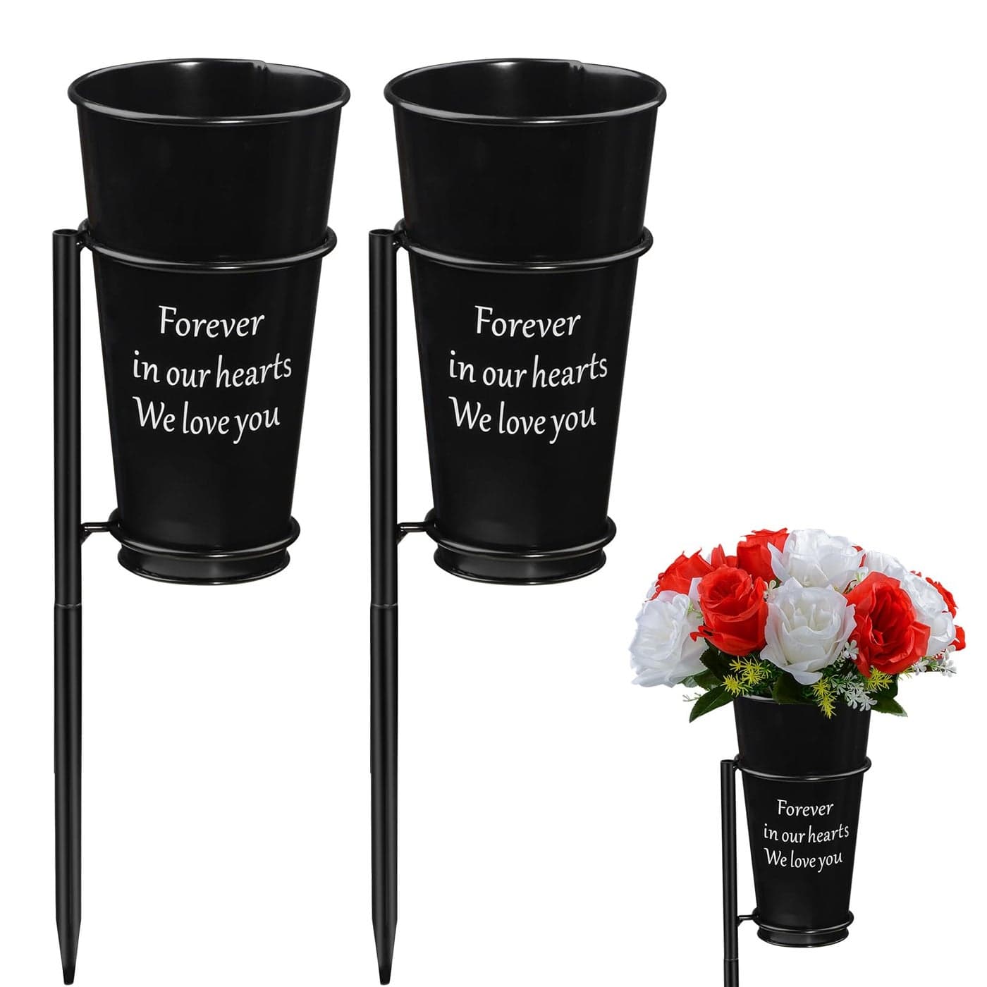 Metal Cemetery Vase Flower Holder with Spikes in Ground Grave Vases for Gravesite Gravestone Memorial Grave Markers Cemetery Decorations 2Pcs Black