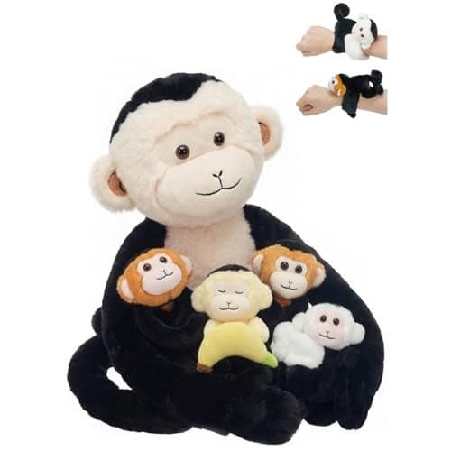 OUOZZZ Monkey Stuffed Animal 5 PCS Capuchin Monkey Plush Set 193 Huggable Mama and Babies SlapBracelet for Kids Soft Realistic Toy for Toddlers