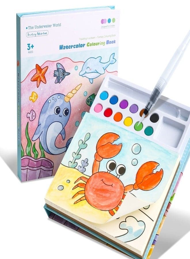 Kids Watercolor Coloring Book Set – Underwater World Theme with Portable Paint Palette & Brush, Fantasy Adventure Art Kit for Ages 3+, Travel-Friendly DIY Painting Activity for Toddlers & Preschoolers