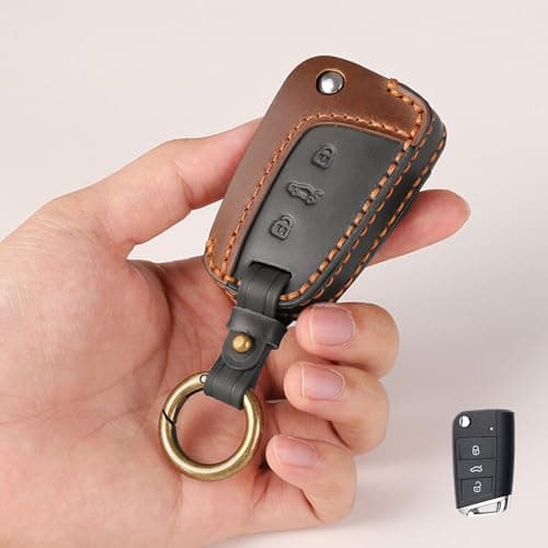 keyzone Leather Car Key Cover for Virtus, Kylaq, Slavia, Kodiaq, Kushaq, Taigun, Tiguan, Octavia, Jetta, Superb, Karoq, T-Roc, 3 Button Flip Key (BlackBrown)