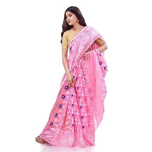dB DESH BIDESH Women`s Pure Soft Dhakai Jamdani Handloom Cotton silk Saree for Wedding,Ceremony Trendy Saree Party,Wear Latest, Fancy Muslin Georgette Golden Zari Tissue Jamdani Saree for Women