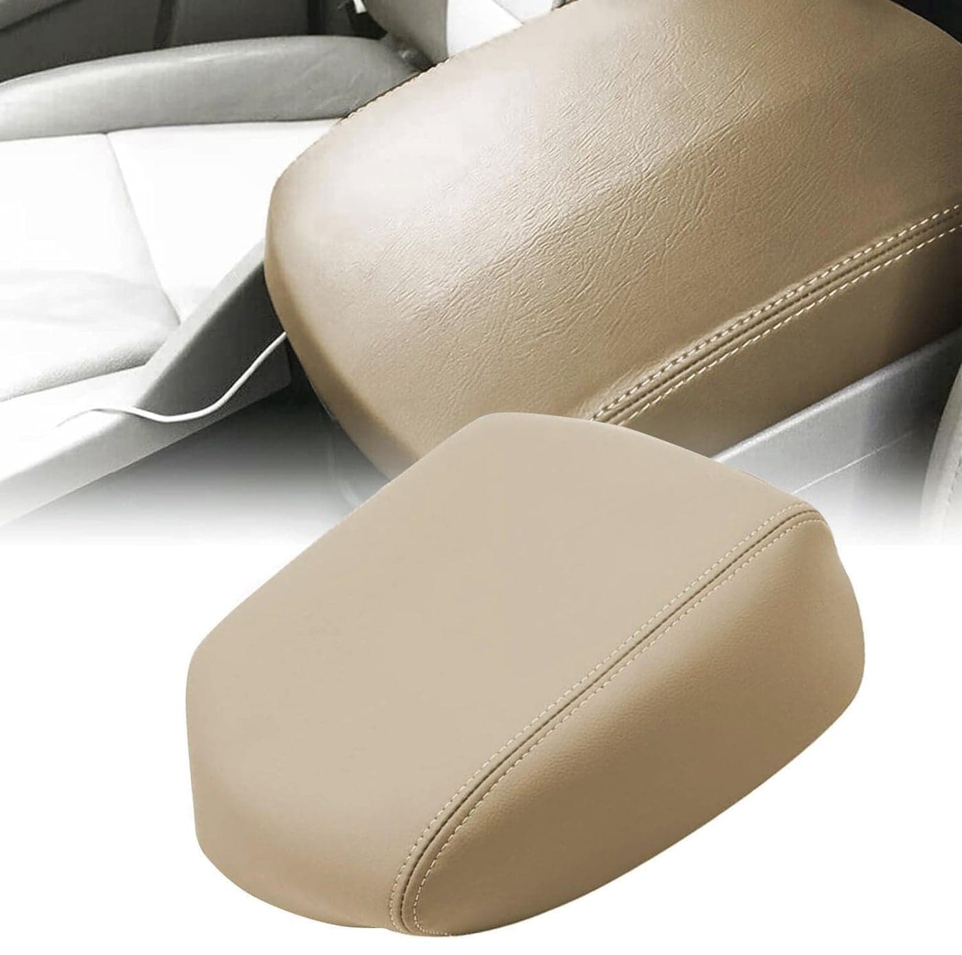 SecosAutoparts Leather Center Console Lid Armrest Cover Skin Beige Compatible with Honda Pilot 2009 2010 2011 2012 2013 2014 2015