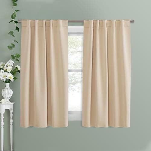 PONY DANCE Beige Blackout Curtains - Kitchen Window Drapes Short Heavy-Duty Soft Rod Pocket Curtain Draperies/Window Treatments for Nursery Bedroom, W 42 x L 45 Inches, Biscotti Beige, 2 Panels