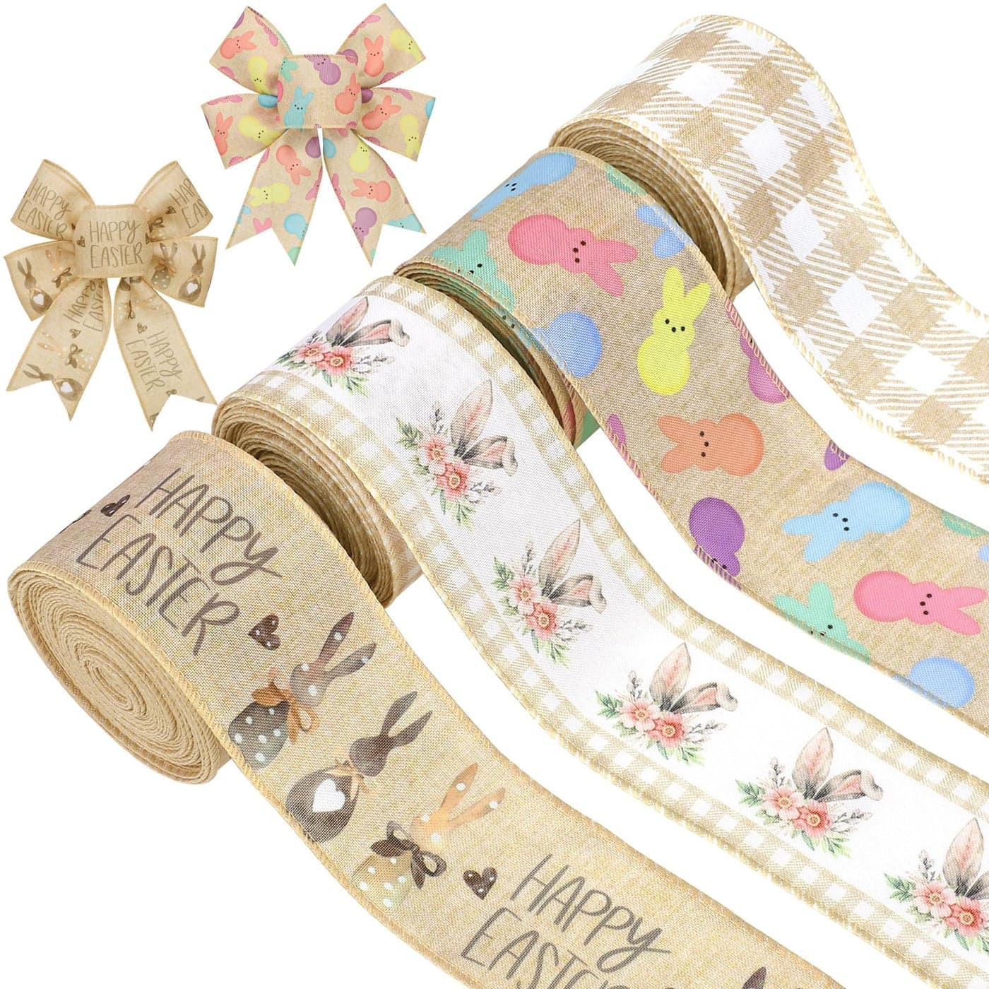 peony man Easter Wired Edge Ribbon Farmhouse Bunny Burlap Ribbons 25 Plaid Rustic Peeps Wired Ribbon for Easter Holiday Gift Wrapping Wreath Bow Decor DIY Craft 24 Yards