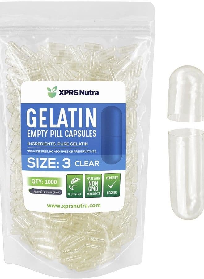 Size 3 Empty Capsules - 1000 Count Empty Gelatin Capsules - Empty Pill Capsules - DIY Capsule Filling - Clear Pure Bovine Pill Capsules Empty Gel Cap