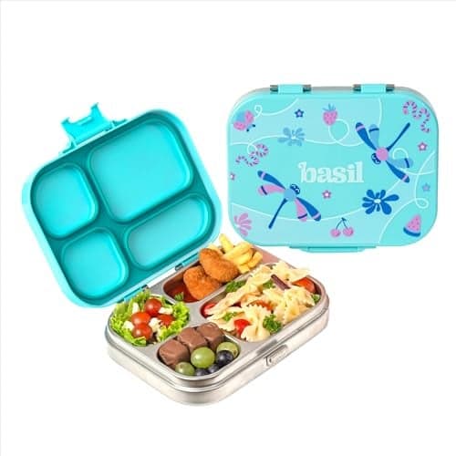 Basil Bento Box Quad - 4 Compartment Stainless Steel Lunch Box with BPA-Free Plastic Lid | 800 ml Leak-Proof Tiffin Box for Kids & Adults | Premium School, Office, and Picnic Lunch Box - Teal Garden