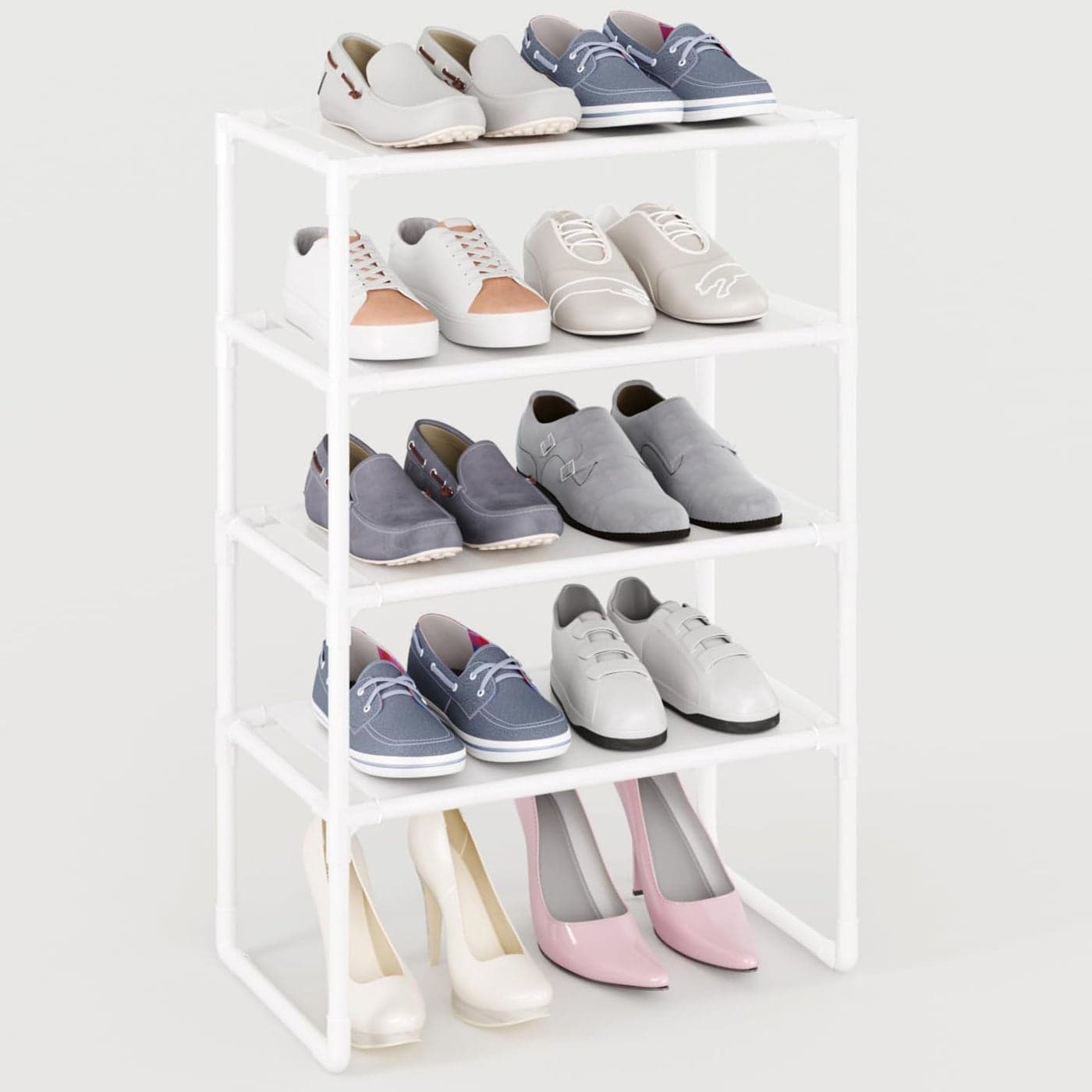 MUAHRCE 5Tier Small Shoe Rack for Closet and Entryway Narrow Shoe Shelf OrganizerStackble Shoe StandNonWoven Fabric Metal Free Standing Shoe Racks White 18 W x 99 D x 286 H