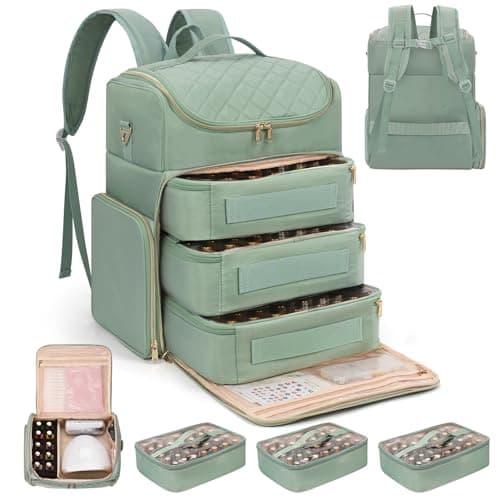 Extra Large Nail Polish Organizer Backpack, Holds 124+ Bottles & Full Size Lamp, Travel Nail Organizers and Storage Bag with 3 Removable Pouches, Portable Nail Supplies Case (Rhombus Green, 124 Slots)