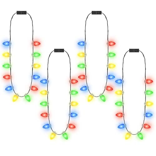 4 PCS Christmas Party Favors 3 Modes Light Up Christmas Necklace with 12 Glow Bulbs LED Christmas Light Necklace Colorful Xmas Bulb Necklaces Decor for Ugly Sweater New Year Family Party Supplies