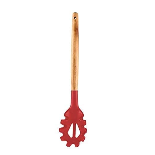 P-Plus International Silicone Pasta Fork, Food Grade Noodle Spoon with Natural Wooden Handle, BPA Free, Spaghetti Strainer & Server Spoon (Red, Pack of 1)