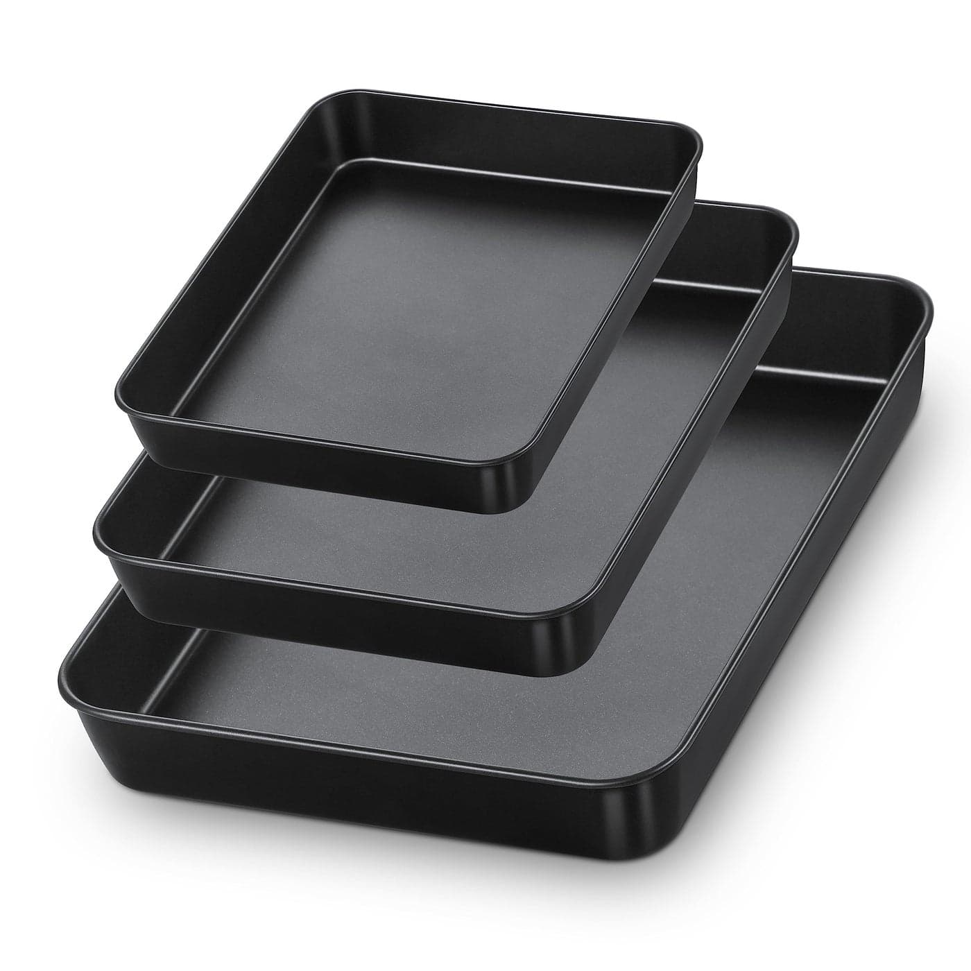 Efar Nonstick Baking Pans Set of 3 Rectangle Stainless Steel Sheet Cake Pan for Toaster Oven 12510594 Inch Black Bakeware for Brownie Lasagna Casserole Cake Nontoxic Healthy 2 inch Deep
