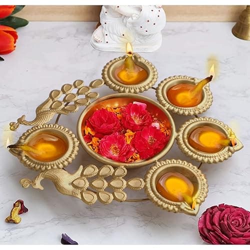 Pure Source India Metal Urli Bowl for Decoration Purpose, Floating Candles and Flowers Diwali & Festive Decor with Peacock Design (Gold) (8 inch) (Small Diya-5)