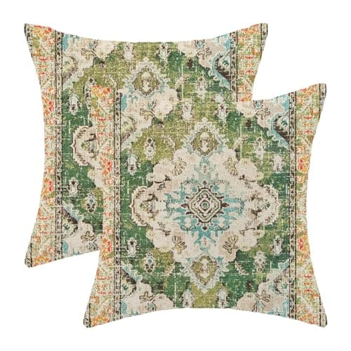 Green Boho Pillow Covers 18x18 Set of 2, Carpet Rug Design Decorative Boho Throw Pillows Linen Farmhouse Bohemian Cushion Pillow Covers for Sofa Couch Outdoor Decor