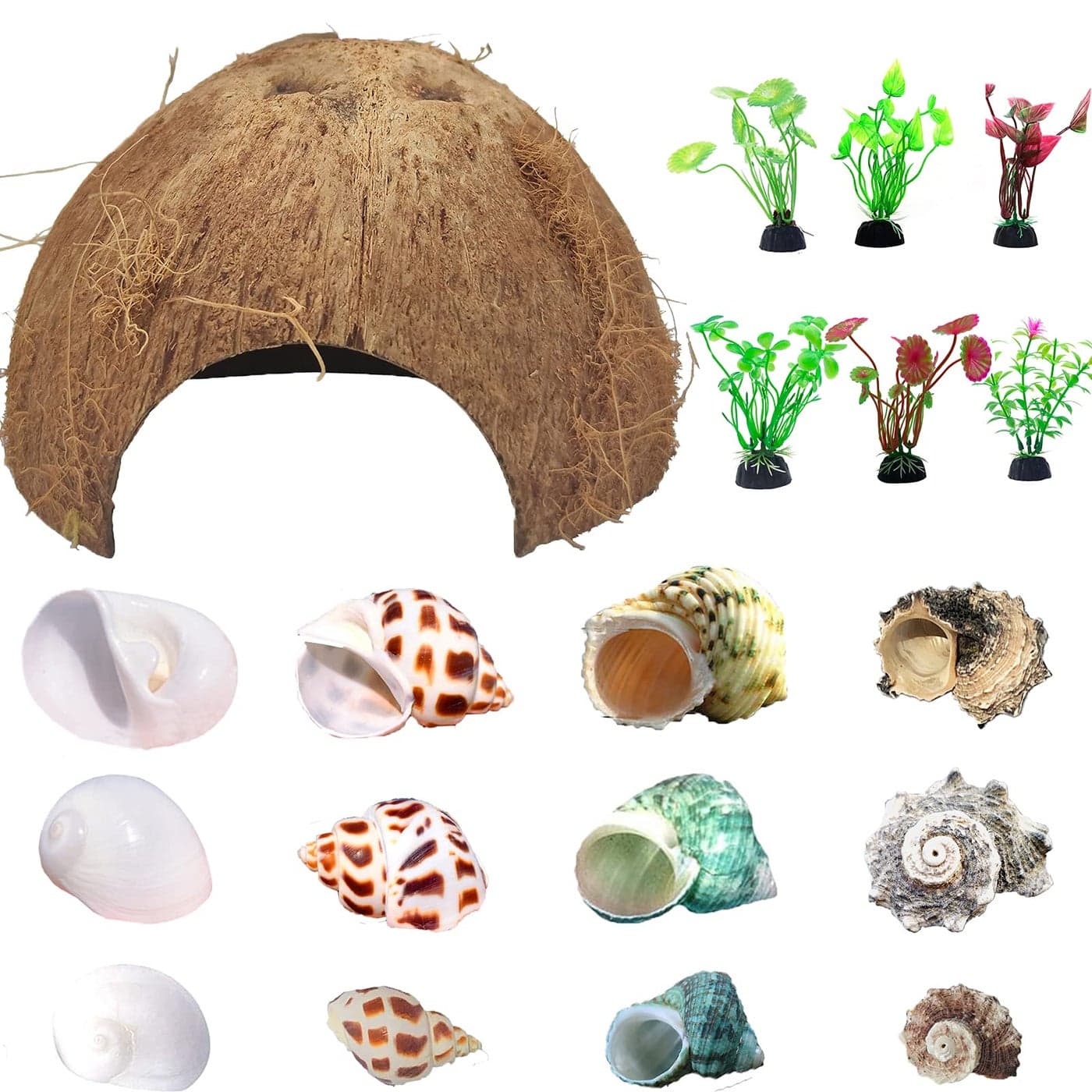 SINKOO Hermit Crab Shells Natural Coconut Shell Hut Artificial Plants 19 PCS Decoration Supplies House Tank