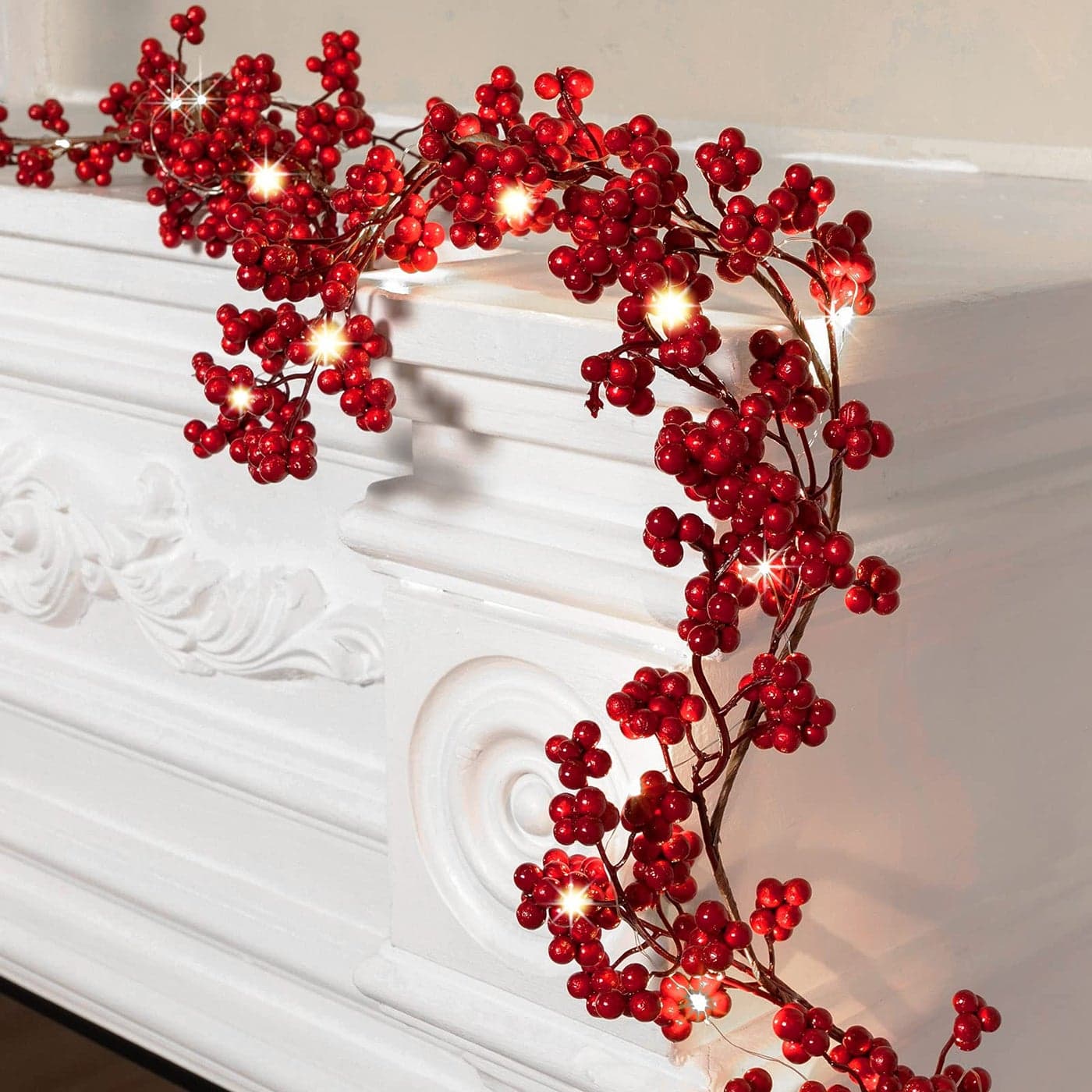 Syhood Christmas Red Berry String Garland Artificial Lighted Berry Garland for Xmas Winter Valentines Day Holiday Fireplace Mantel Table Decorations Tree Decor 6 ft1 Piece