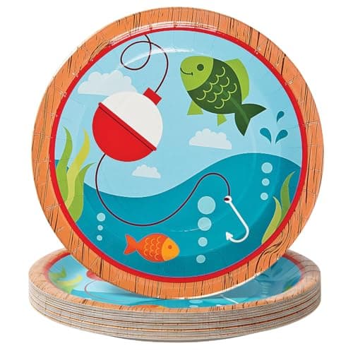 Fun Express Little Fisherman Party Paper Dinner Fishing Themed Decoration Paper Plates Fishing Disposable Dessert Plates for Little Fisherman Birthday Events Party Supplies 8 Pieces