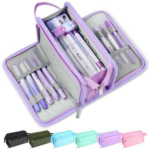 Sooez Large Pencil Case, Big Capacity Pencil Pouch Pen Bag with 3 Compartment, Portable Canvas Stationery Organizer with Zipper, Cute Aesthetic School Supplies for Teen Girls, Purple with Plaid