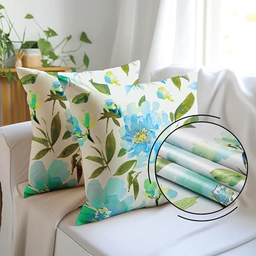 Encasa XO Botanical Spring Throw Pillow Covers | Floral Print F1 Aqua 16x16 in | Pack of 2 | No Insert | Double Sided Pattern Vintage Look | Spring Outdoor Digital Print Pillowcases