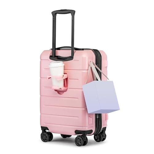 KYME Pink Hardside Expandable Carry On Luggage 22x14x9 Airline Approved 20 Inch Hardshell Carry On Suitcase with Wheels TSA Lock Small Travel Rolling Luggage with Cup Holder for Women