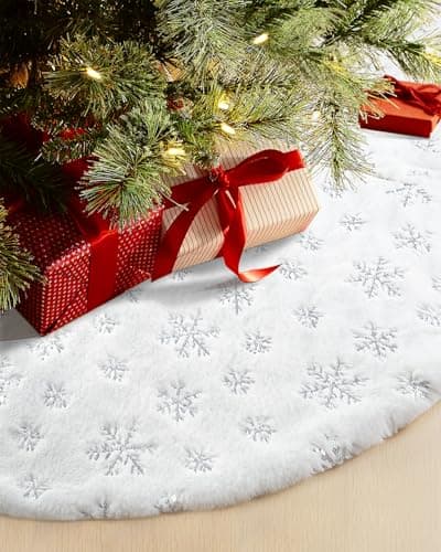 COOLWUFAN 36 Inches Faux Fur Christmas Tree Skirt for Xmas Tree Holiday Party Decorations White Plush Silver Sequin Snowflake Silver