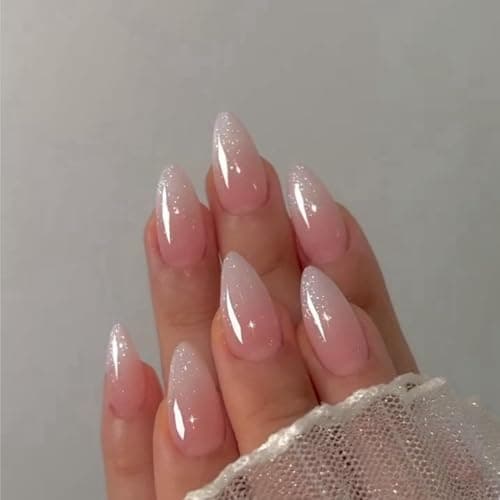 Glitter Ombre Pink Press on Nails Almond Shaped Nails Press ons Medium Fake Nails Almond French Acrylic Nails Glue on Nail with Cute Design Thick Natural Stiletto False Nail for Women Wedding 24 Pcs