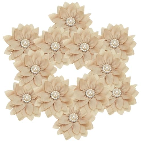 PATIKIL 236 in Rhinestone Chiffon Flower 12 Pcs Fabric Flowers Rhinestone Pearl Sewing Appliques for DIY Crafts Dresses Clothing Headbands Wedding Decoration Beige